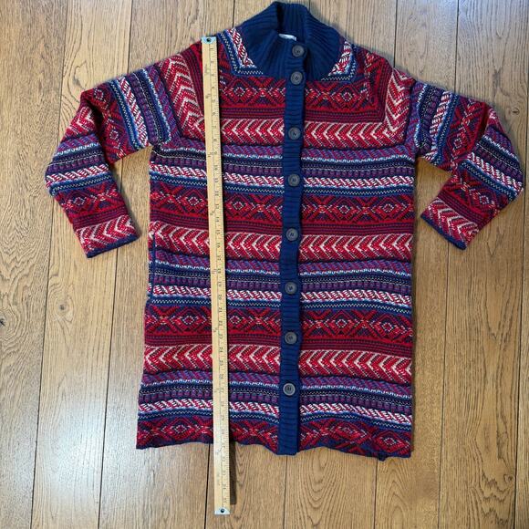 St Johns Bay Fair Isle Long Line Cardigan SZ M Red Blue Tan Cozy Warm Winter - Picture 10 of 11